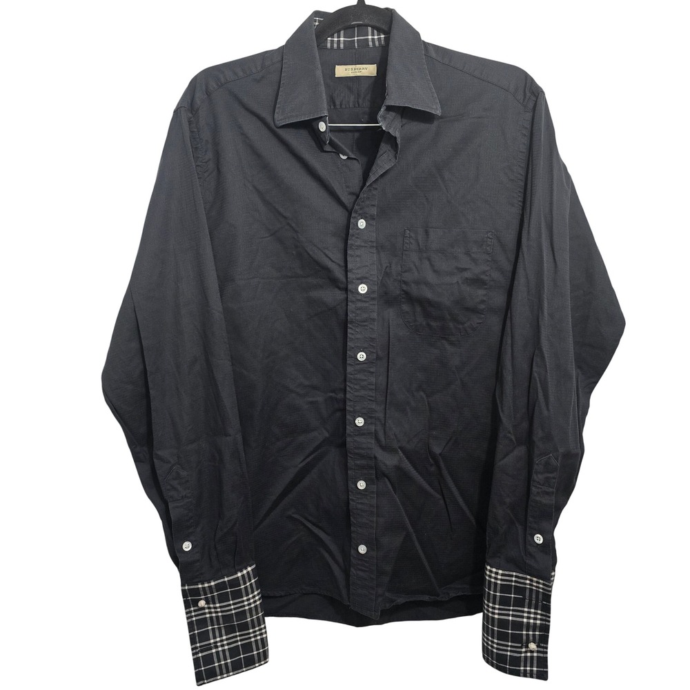 Burberry London Mens Black Nova Check Trim Button‎ Down Shirt 15.5 L Made in USA